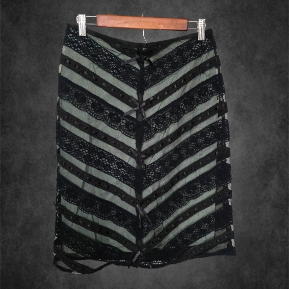 Vintage Y2k 90s Black and Baby Blue Lace Striped Skirt - Picture 2 of 8